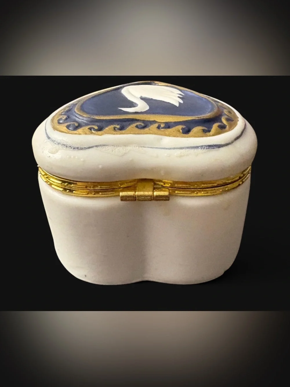 Vintage Porcelain Swan Heart Trinket Box Blue Gold